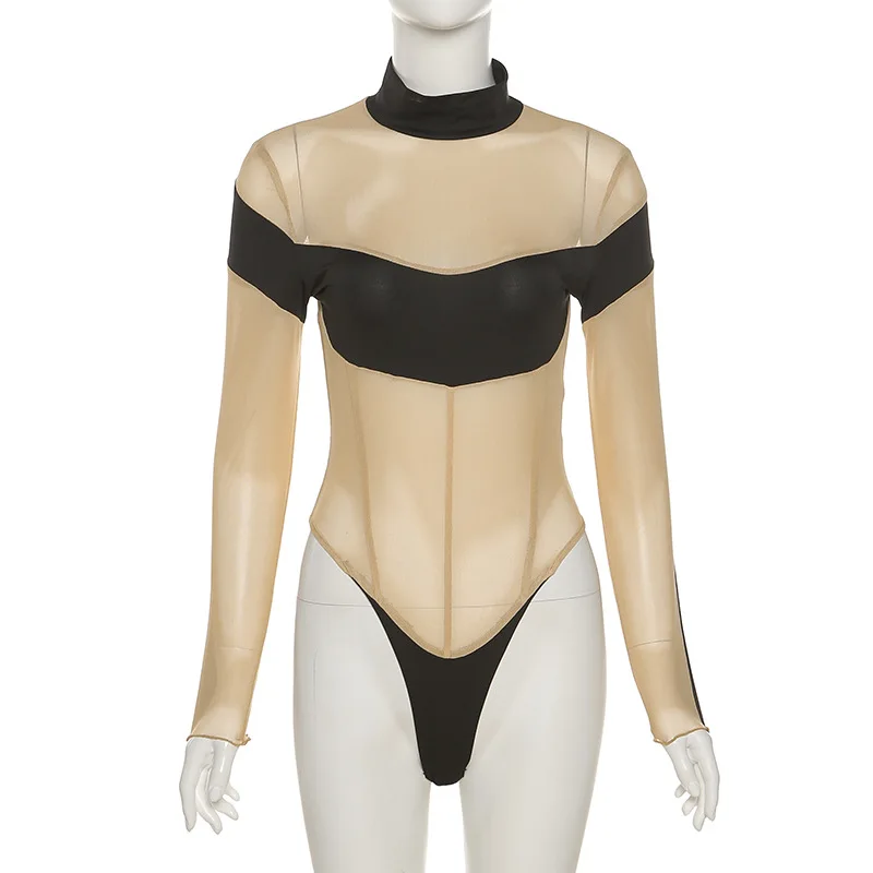 

Women Sexy Mesh See Through Bodysuit 2021 Female Turtleneck Long Sleeve One-piece Body Suits Stretchy Wild Basic Female Y2K Tops