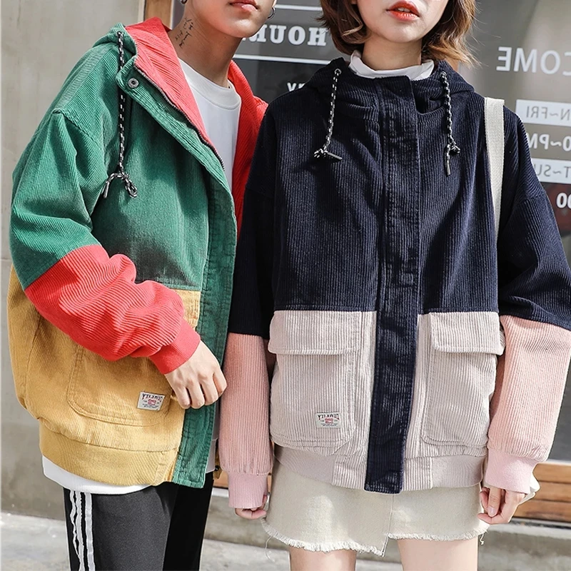 

2021New Color Block Patchwork Corduroy Hooded Fashion Jackets Men Hip Hop Hoodies Top Coats Male Casual Streetwear Outerwear