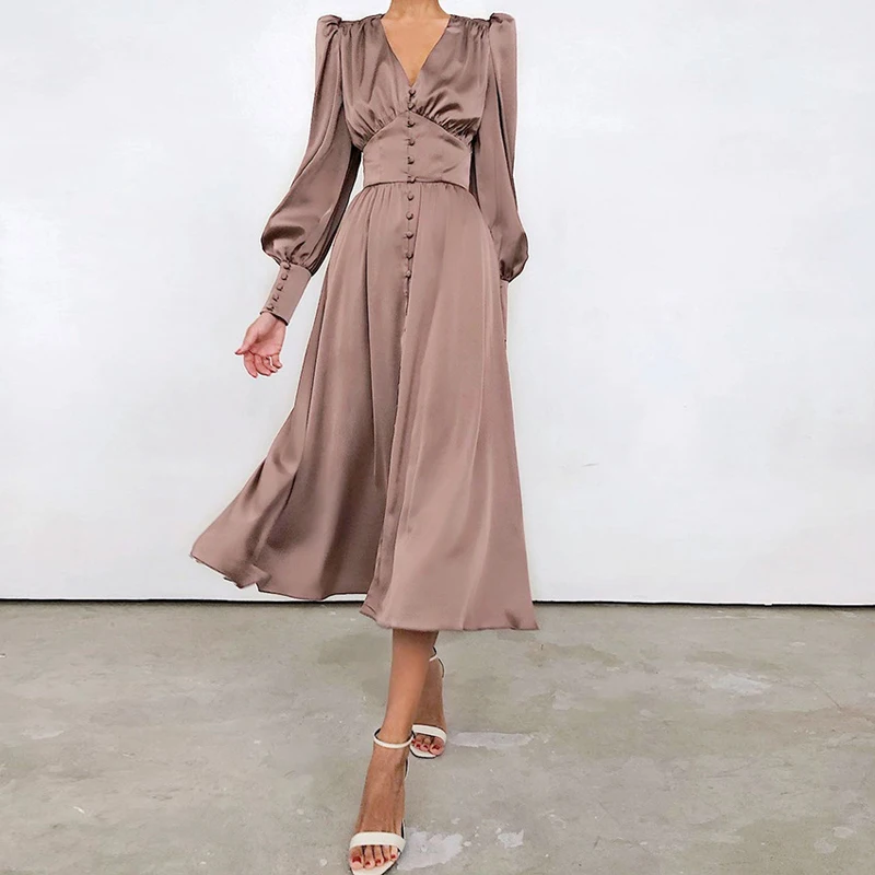 

Women Single Breasted Sexy Dress V Neck Mid-calf Slim Dresses Female Fashion Lantern Long Sleeve High Waist Satin Party Dresses