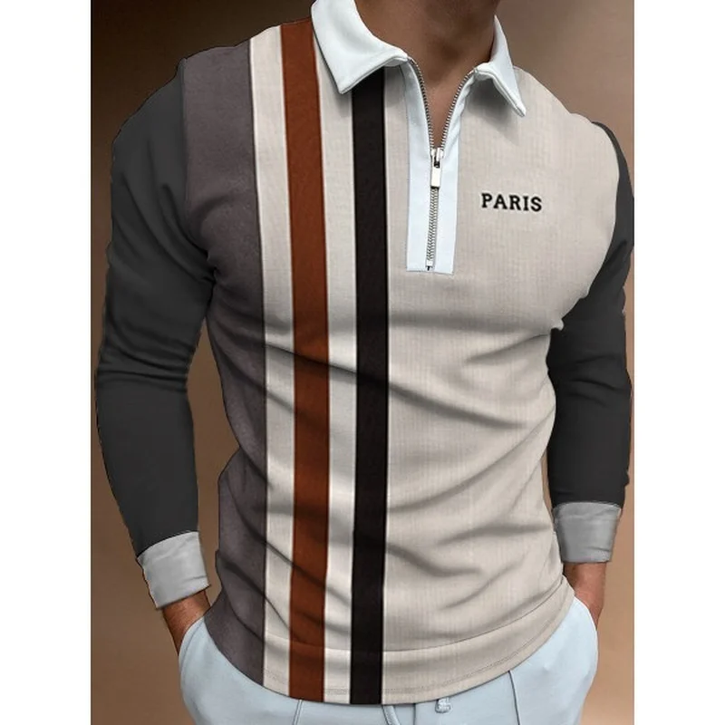 

camisas de hombre Mens Casual Long Sleeve T-shirt Stripe Splicing Turn-down Collar Tops Graphic T Shirts Men Clothing Autumn