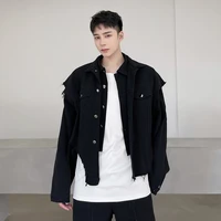 new cut edge vest jacket 2 pieces sets for men japan korea streetwear vintage hip hop gothic short coat male couple outerwear
