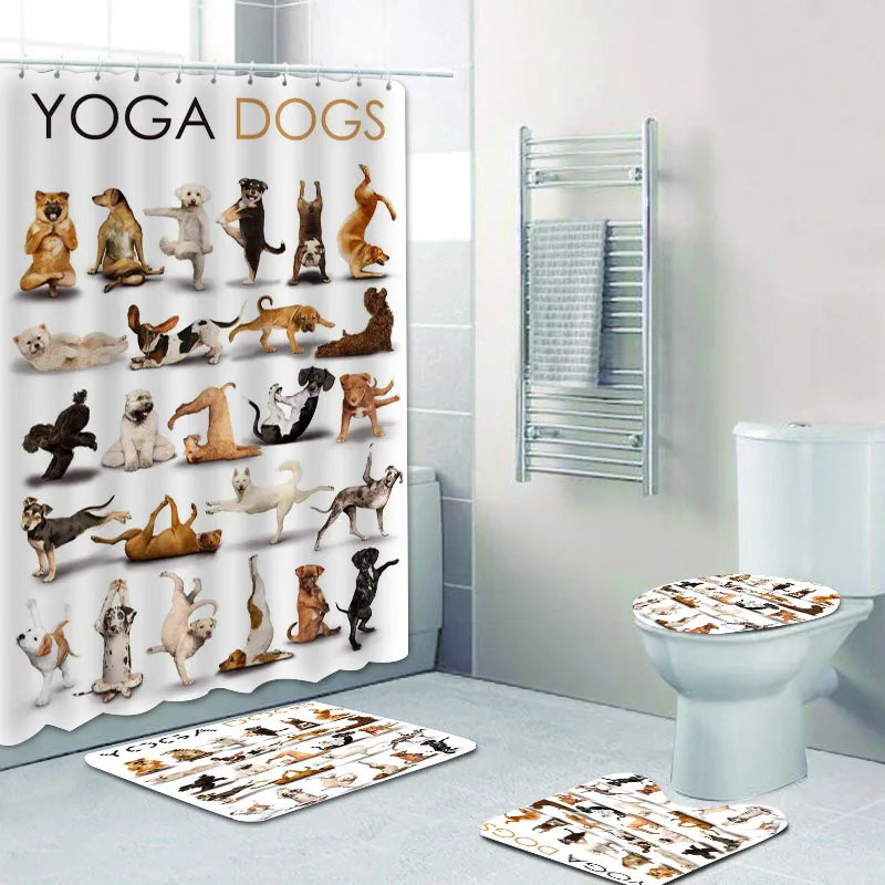 

Cute Yoga Dogs Shower Curtains Bathroom Curtain Set Funny Animal Cat Dog Bathroom Curtains Set Bath Mat Pet Bathtub Decor Gift