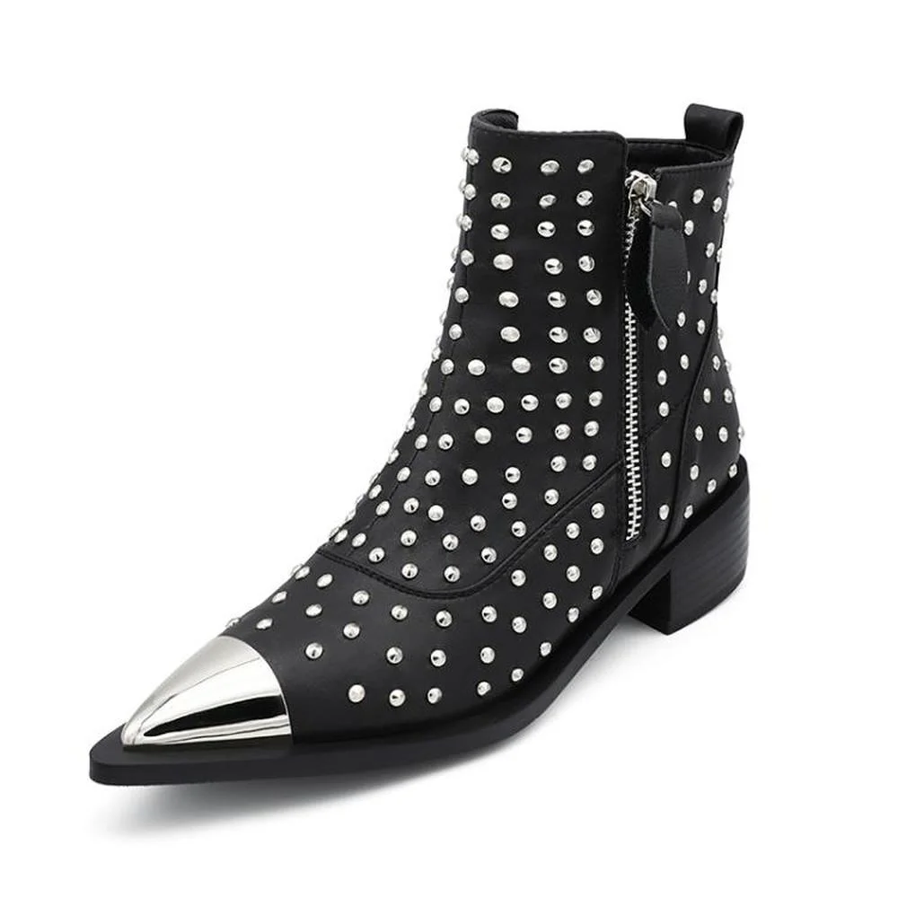 

OEING Womens Metal Toe Rivet Ankle Boots Genuine Leather Mid Heel Shoes Punk Retro Vintage Black White Plus Big Size 44 45 46