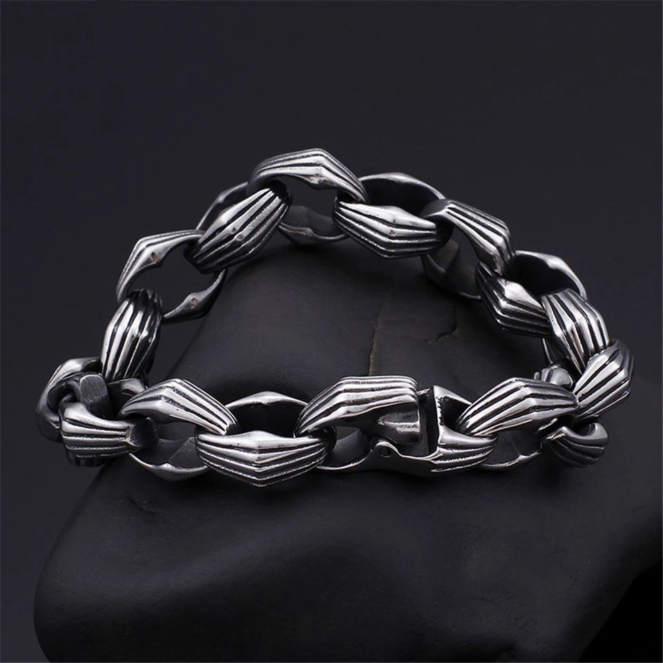 

Punk 22cm Link Chain Bracelets For Men Stainless Steel Irregular Geometric Pattern Charm Hand Chain Wrap Bracelet Jewelry