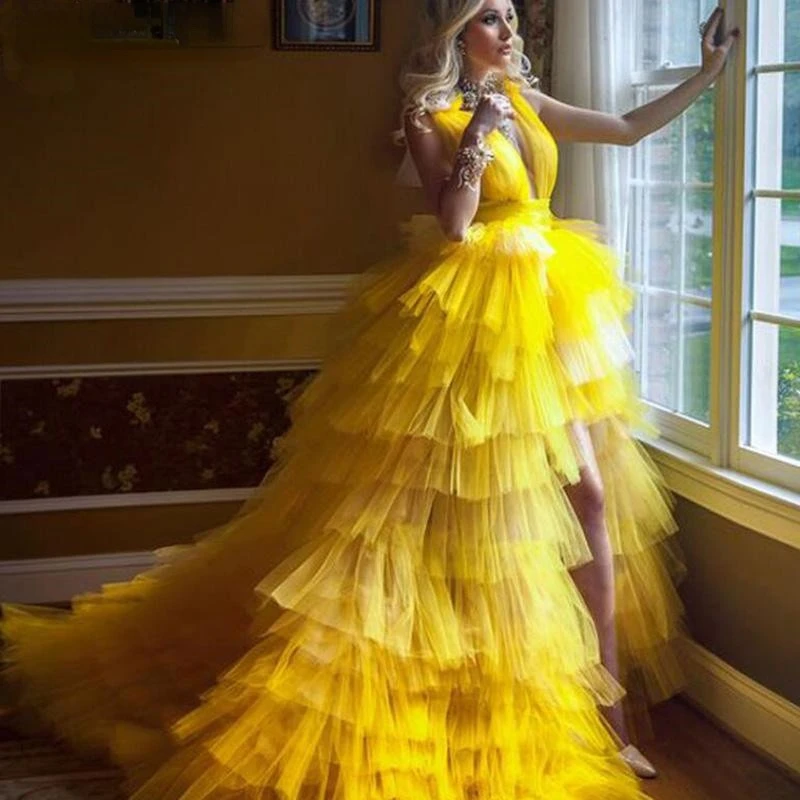 

Yellow Princess Prom Gowns High Low Tiered Puff Tulle Long Evening Dress Deep V Neck Prom Party Dresses Plus Size Custom Made