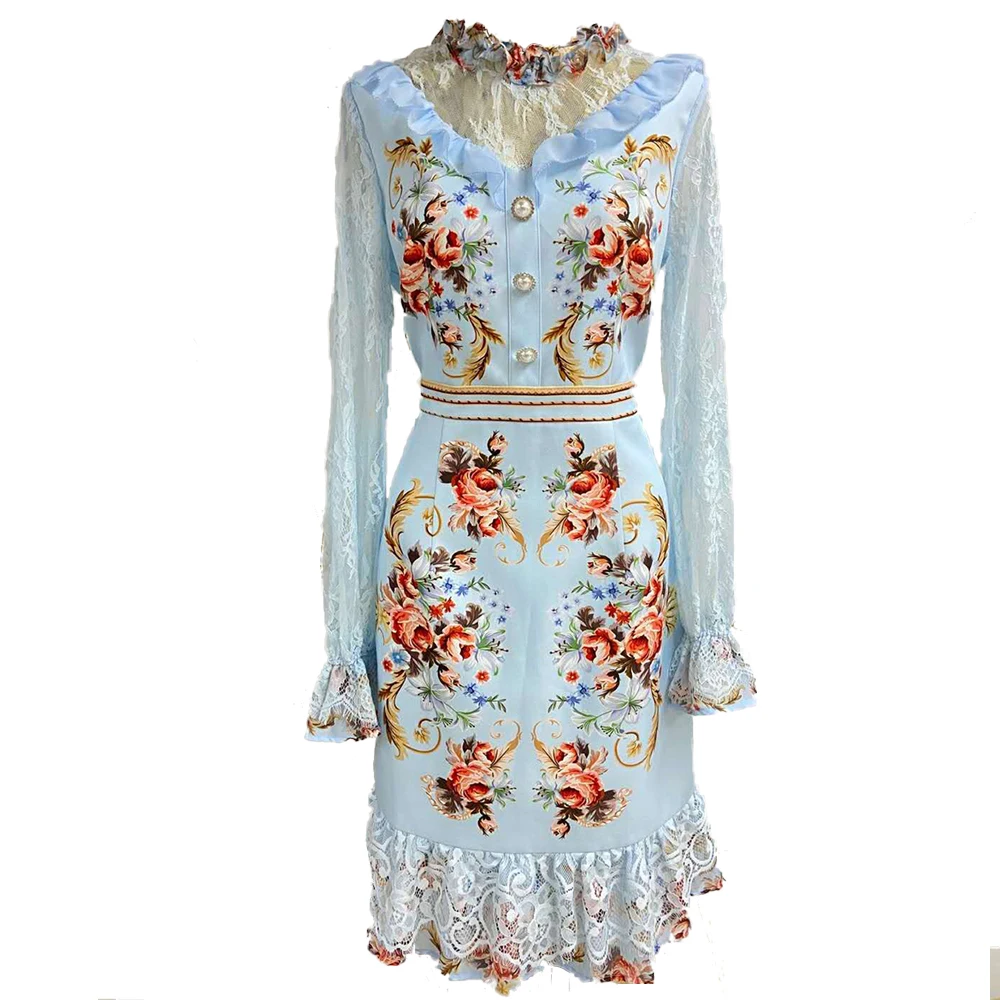 

AELESEEN Runway Fashion Designer Blue Dress Long Lace Sleeve Ruffled Flower Print Slim Elegant Party Holiday Midi Dress