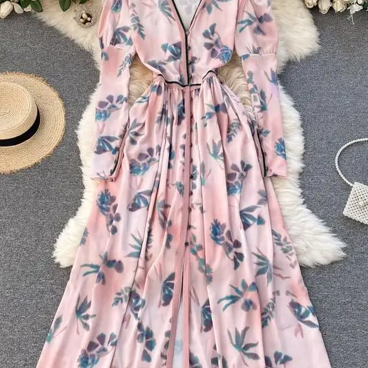 

Spring and autumn women's single breasted print loose Maxi Dress 2021 Vintage elegant V-neck puff sleeve street style Robe