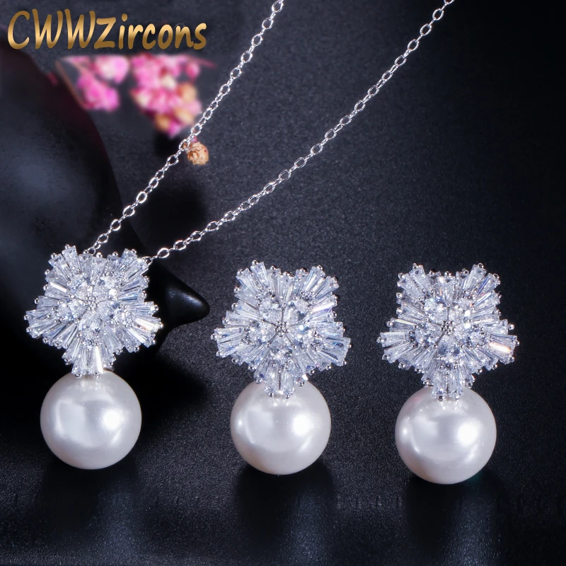CWWZircons высокое качество серебристый цвет ААА+ кубический цирконий цветок для женщин Большой жемчуг ожерелье кулон и серьги Ювелирные наборы T049