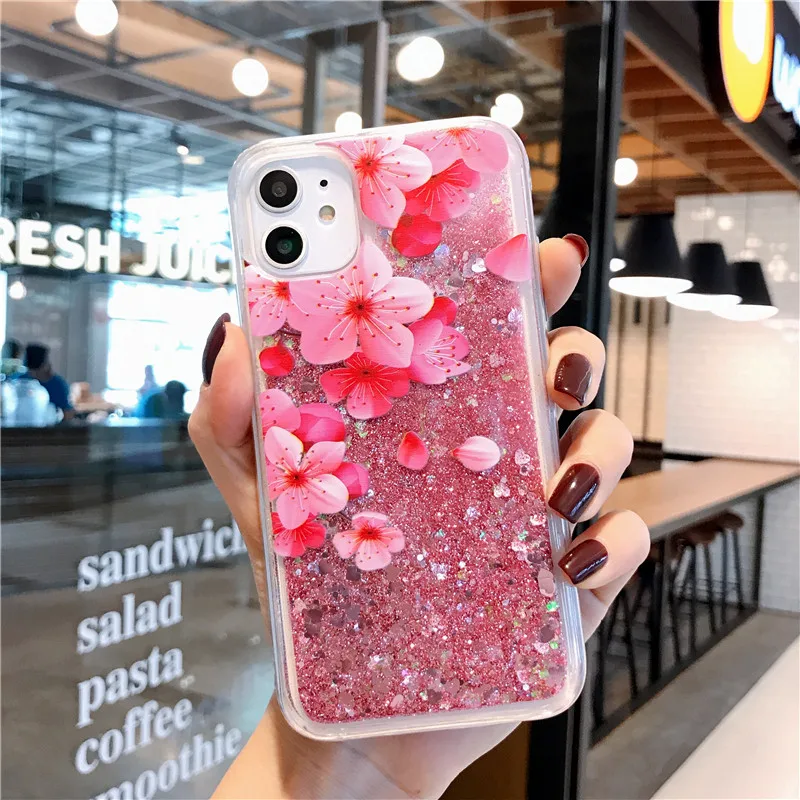 Pink Spring Cherry Blossoms For iPhone 14 Pro Max 13 12Mini 11 XS XR X SE 2020 6 6S 7 8 Plus Case Glitter Liquid Quicksand Cover