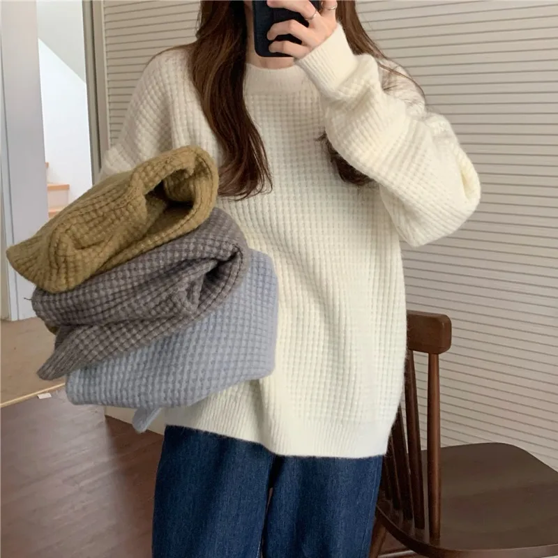 

Женские пуловеры, теплая Базовая Трикотажная одежда, Женский мягкий Свободный вязаный свитер, новинка 2022, зимние свободные однотонные толс...