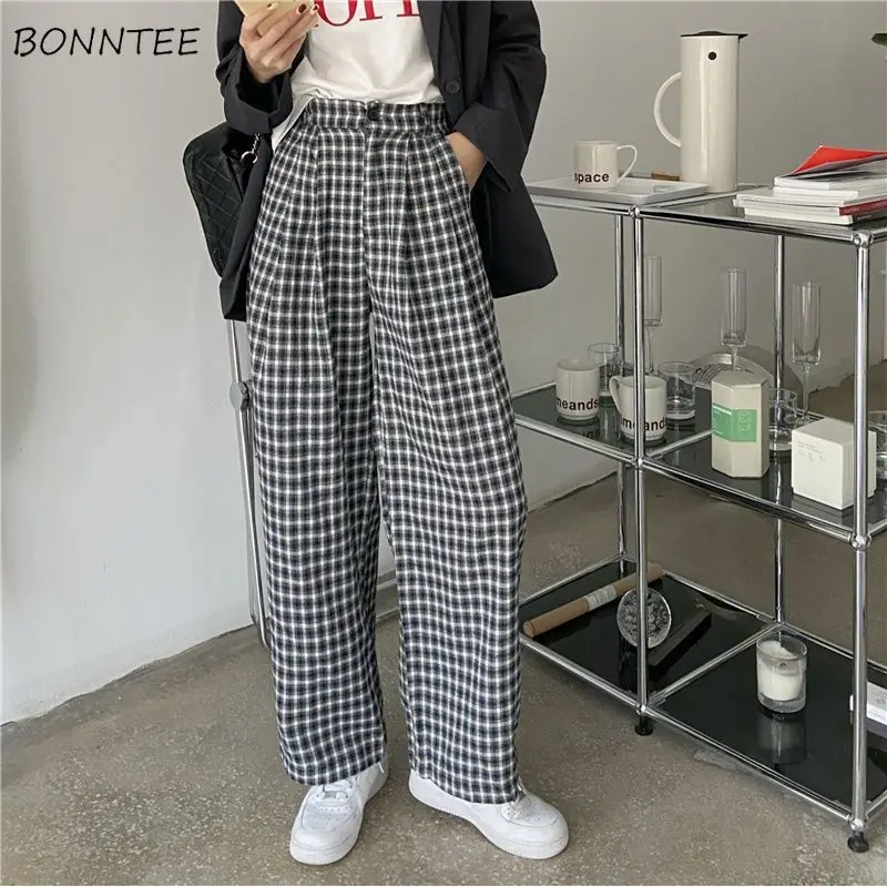 

Wide Leg Pants Women High Waist Plaid Loose Leisure All-match Trousers Autumn Stylish Spring Students Chic Korean Style Feminino
