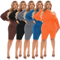 haoohu fall plus size women clothing stretch casual solid color waistband sexy inclined shoulder jumpsuit shorts urban office