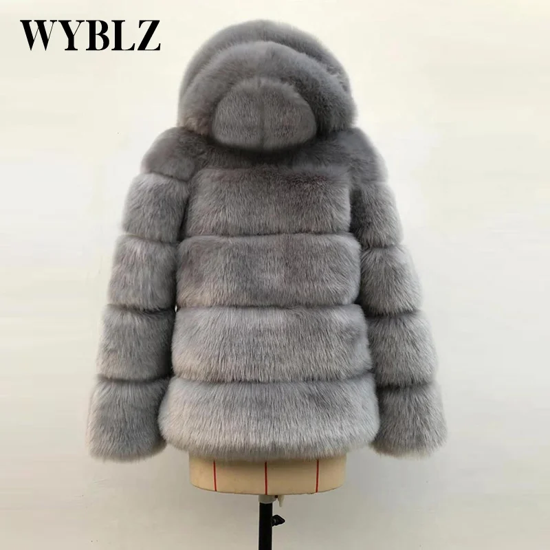 WYBLZ New Winter Thick Warm Faux Fur Jacket Women Fashion Plus Size Hooded Faux Fur Coat Long Sleeve Luxury Fur Midi Outwear