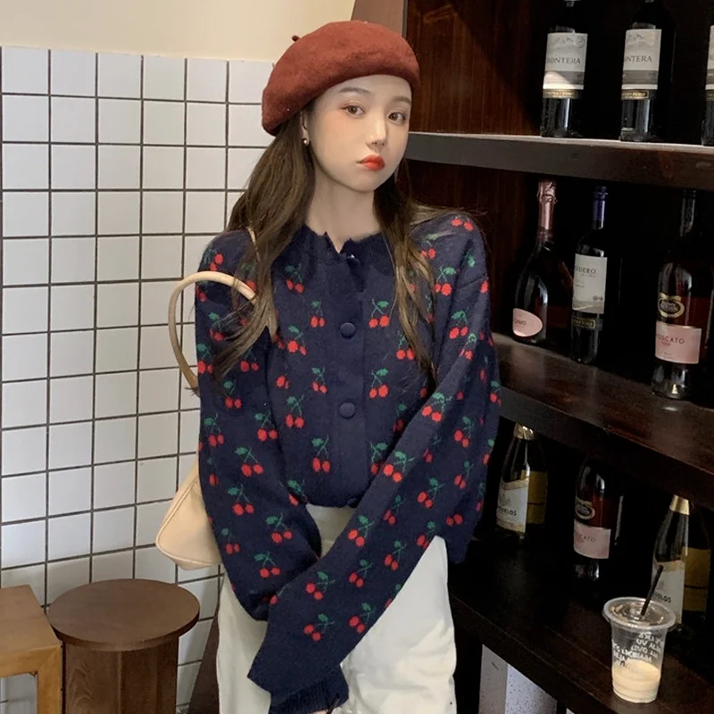 Harajpoo Women Cardigan Japanese Lazy Style Cherry Jacquard Sweater Spring Fall 2021 New Korean Loose Outer Knit Casual Tops |