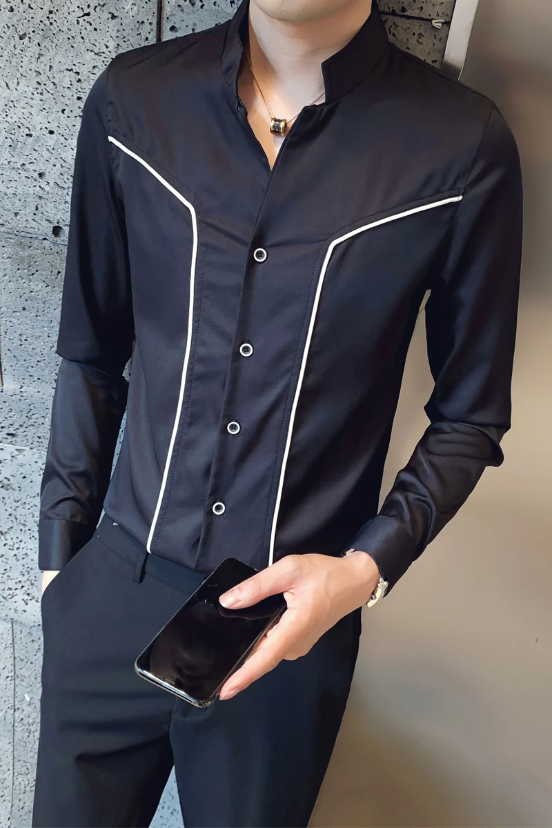 

Shirt 2021 Striped Men Long Sleeve Casual Slim Formal Business Shirts V-neck men Clothes Streetwear Social Blouse chemise homme