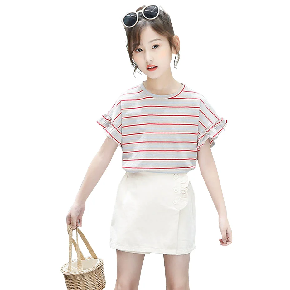 Летняя одежда для девочек футболка в полоску + юбка штаны из 2 предметов костюм с