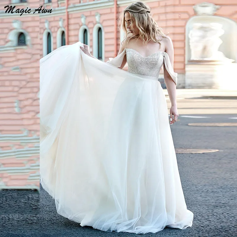 

Magic Awn Off The Shoulder Wedding Dresses Boho Lace Beaded A-Line Soft Tulle Beach Mariage Gowns Lace-Up Back Vestidos De Novia