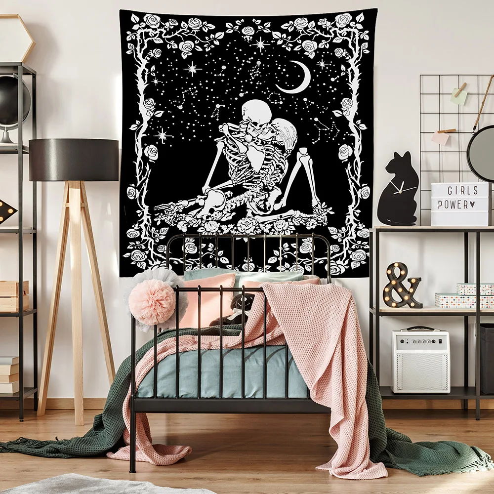 

Punk Style Tapestry Fashion Rose Couple Skull Pattern Tapestry Wall Hanging Valentine's Day Home Decoration Bedroom Sofa Blanket