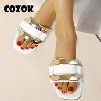 cozok new slippers women sandals summer modern metal leather flat bottom sandals square head womens slipper shoes plus size 42