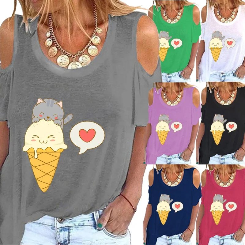 

Plus Size Women's Fashion Summer Short Sleeve Round Neck T-shirt Casual Ice Cream Printed Tops Off Shoulder Beach Wear Blouse