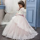 Кружевное платье с цветочным узором для девочек; свадебное платье с длинными рукавами для подружки невесты; детское вечернее платье принцессы для дня рождения; платье для первого причастия