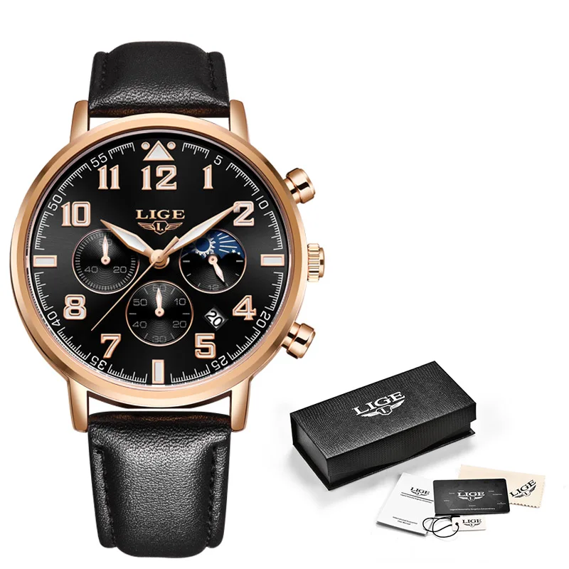 Rose gold black L LIGE новые мужские s часы лучший бренд класса люкс Бизнес Кварцевые часы мужские спортивные полностью стальные Водонепроницаемые Синие часы Relogio Masculino - Цвет: Rose gold black L