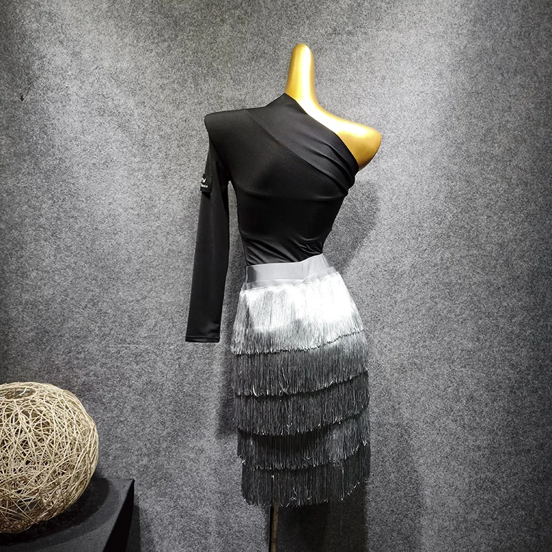 Топы для латиноамериканских танцев женский осенний Черный трико с одним длинным