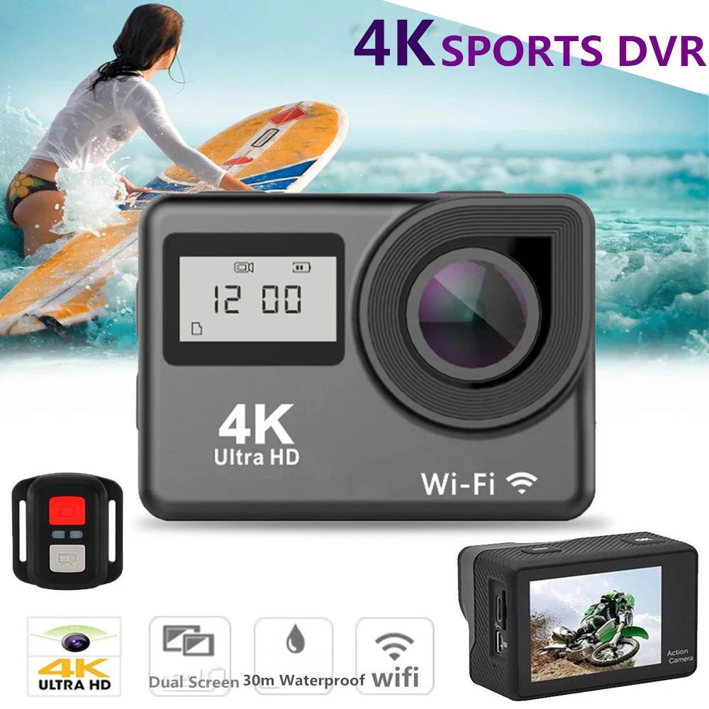 Продажа Экшн-камера 4K Ultra HD, сенсорный экран, двойной ЖК-дисплей, Wi-Fi, 20 МП, 30 м