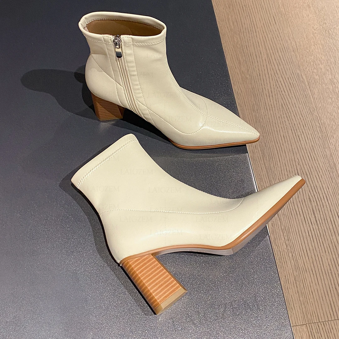 

LAIGZEM Women Ankle Boots Pointed Toe Stretchy Side Zip 7CM Block High Heels Boots Black Beige Shoes Woman Big Size 33 40 42 43
