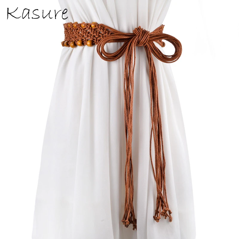 KASURE-Cinturón trenzado bohemio para mujer, cinturilla de punto con cuentas de madera, borlas tejidas Vintage, cinturones informales bohemios, decoración para vestido