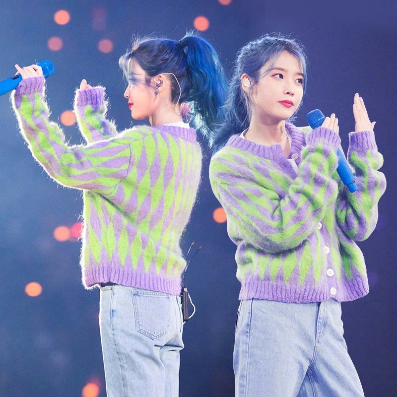 

Woman Sweaters Green Purple Diamond Plaid Retro Sweater Women's Plaid Knitted Cardigan Femme Chandails Pull Hiver