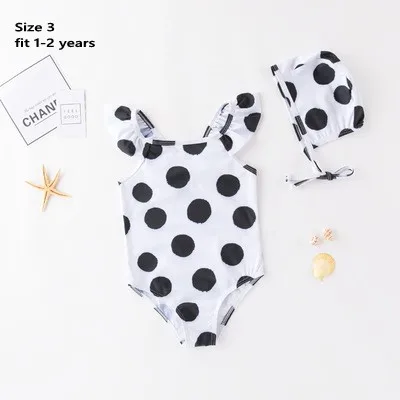 Spots 3 Летний купальный костюм для девочек+ шапочка, 2 цвета, купальный костюм в морскую полоску с бантом купальный костюм с бантом на одно плечо для маленьких детей - Цвет: Spots 3
