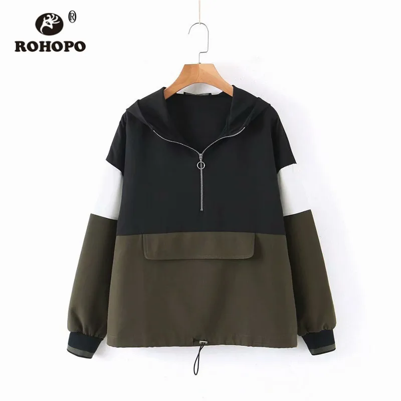 ROHOPO лоскутный пуловер с капюшоном куртка передний карман верхняя одежда на