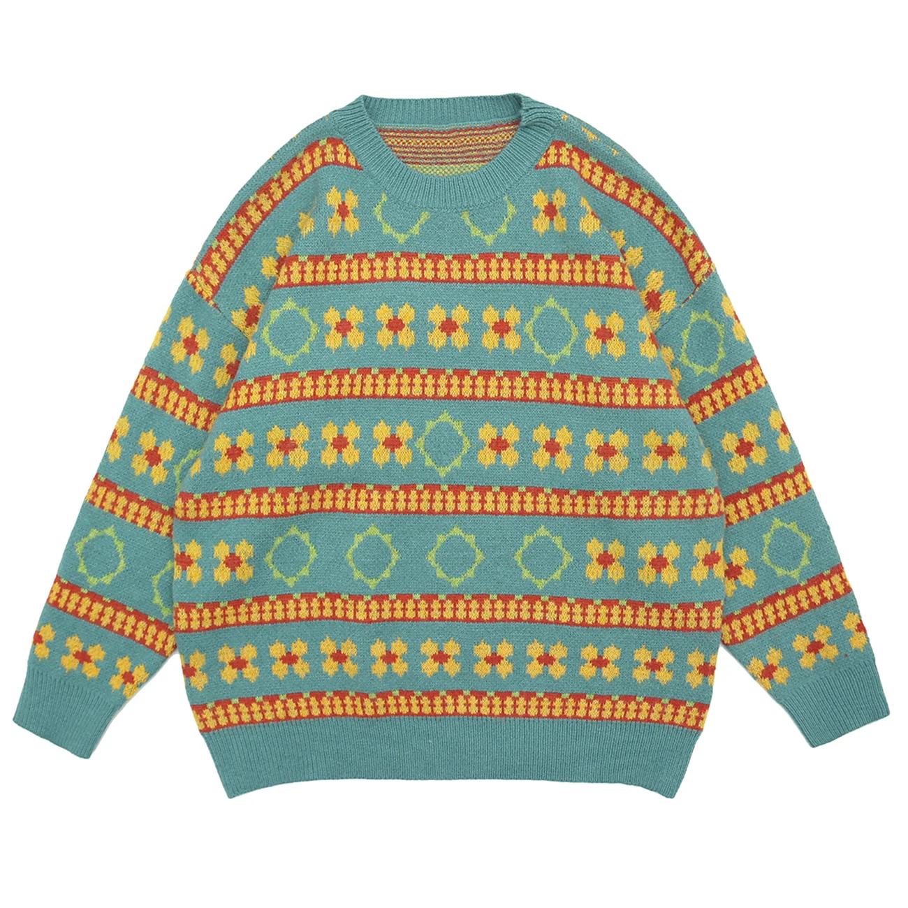 Вязаный свитер с цветными вставками цветочным принтом для мужчин и женщин 2021 в