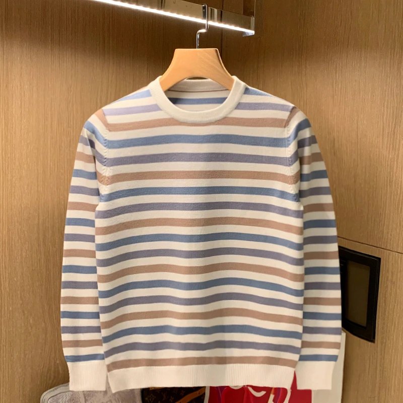 

Мужской мягкий свитер в полоску, трикотажный джемпер с круглым вырезом и длинным рукавом, приталенный пуловер, W729, Осень-зима 2021