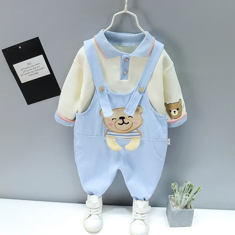 

Autumn Spring Toddler Boys Girls Lovely Cartoon Bear Clothing Suit Fashion Cotton Kids Lapel T-shirt+Rompers Pants Baby Outfits