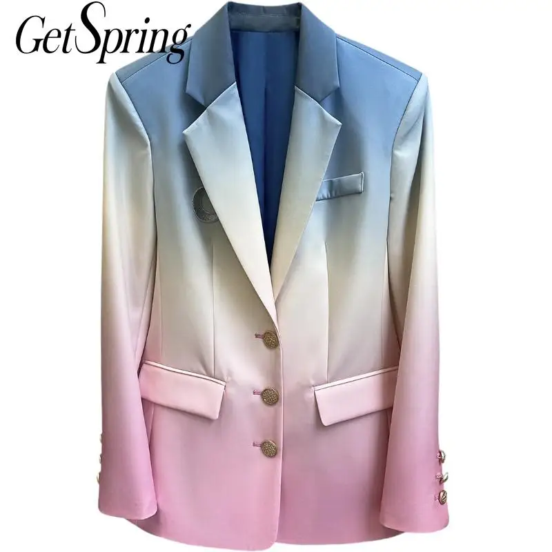 GetSpring Женский блейзер градиентный Радужный Цвет Пальто однобортный длинный