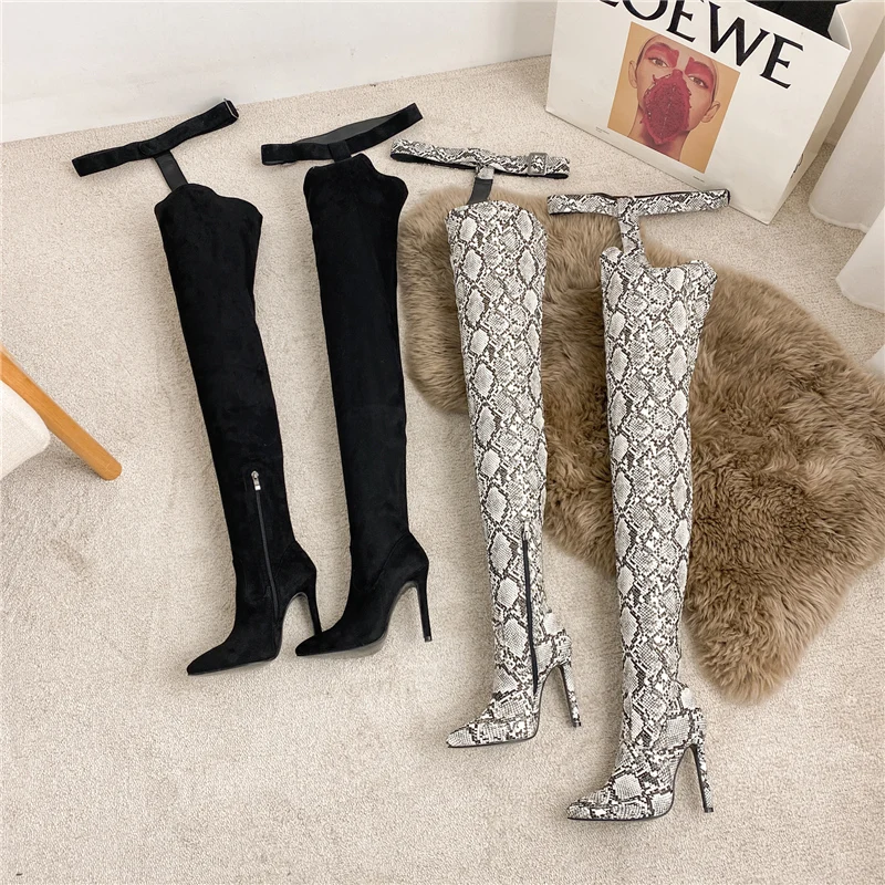 

Women Thigh High Brown Boots Fetish Zipper Serpentine Leather Boots Lady Winter Botas Female Sexy 11cm High Heels Long Shoes