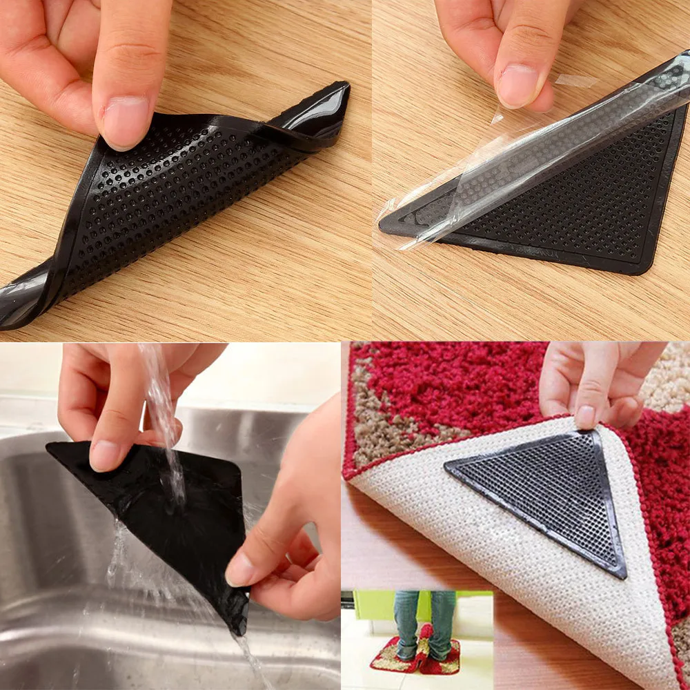 

4Pcs Triangle Non Slip Rug Gripper Mat Stickers For Hardwood Tile Floors Reusable Washable Carpet Corners Pad Anti Curling