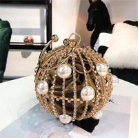 2020 hollow out spherical cage evening bag women new fashion pearl rhinestones personality circular clutch bag ladies party tote