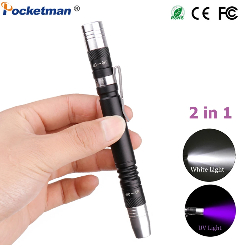 New 2 in 1 Mini UV LED Flashlight Pen Multifunctional 395nm Ultra Violet Purple White Light Torch | Освещение