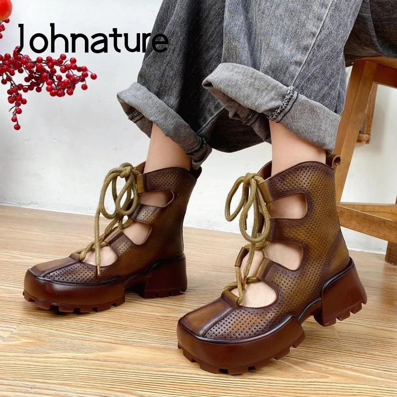 

Johnature Summer Women Shoes Platform Sandals Genuine Leather Lace-Up Retro Wedges 2022 New Handmade Concise Ladies Sandals
