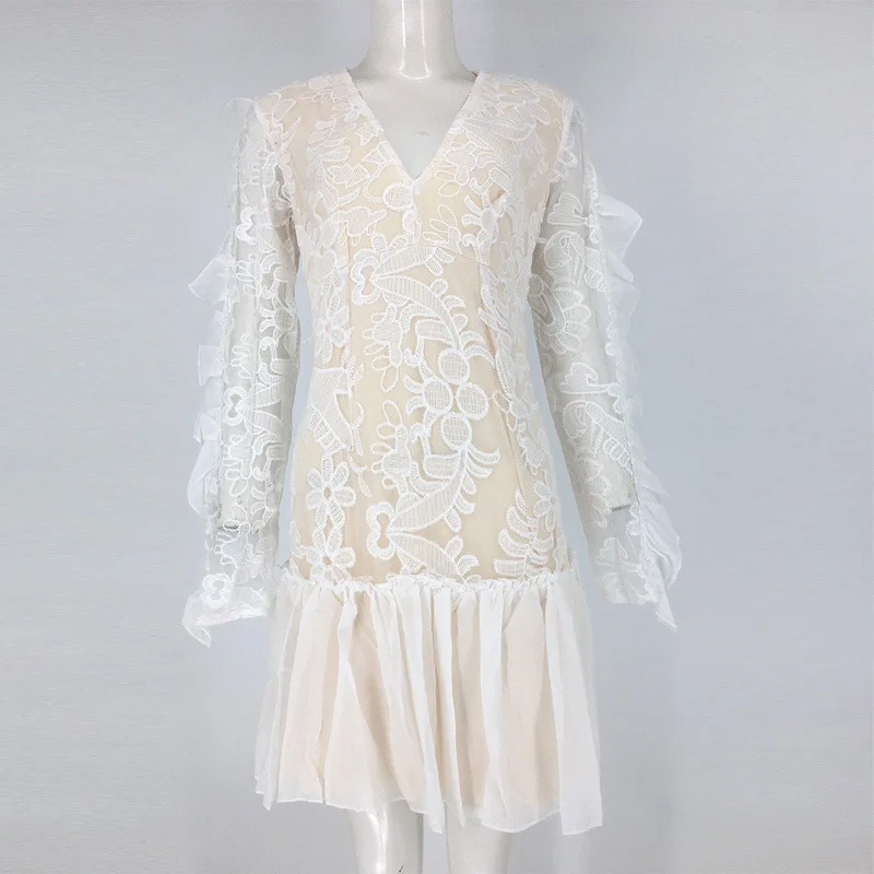 

Mesh embroidery Sexy Lace Dress slim party evening white y2k boho vintage boho lace bandage plus