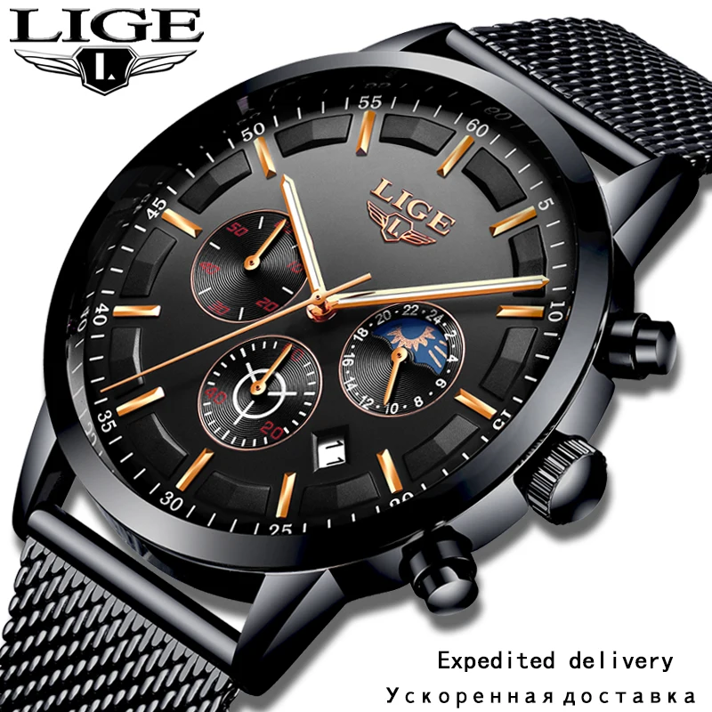 LIGE новые мужские часы Модные брендовые Роскошные Кварцевые из нержавеющей стали