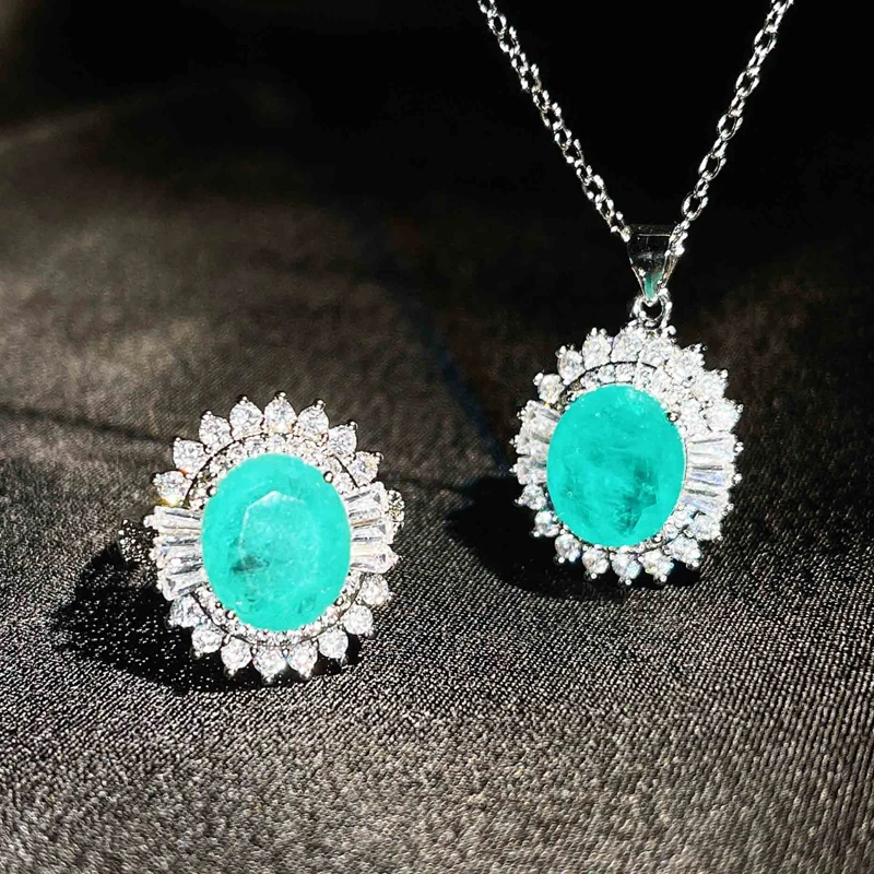 

Fashion Paraiba Stone Jewelry Sets 925 Sterling Silver Charm Flower Pendant Necklace Eternity Wedding Ring For Women