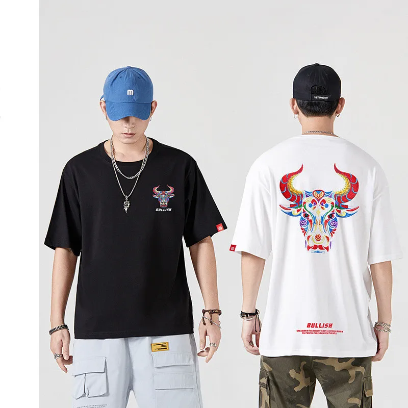 

Summer ox year natal year national tide short-sleeved T-shirt men's loose embroidery large size Chinese style mens t shirts