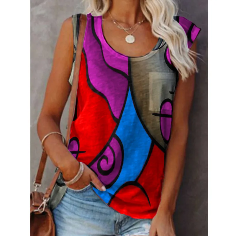 

WEPBEL Printed Loose Vest Women's Casual Vest Summer Fashion Sleeveless O-Neck Pullover Vest Top
