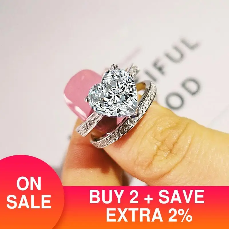

2021 new luxury heart original 925 sterling silver wedding ring set for women lady anniversary gift jewelry bulk sell R5163S