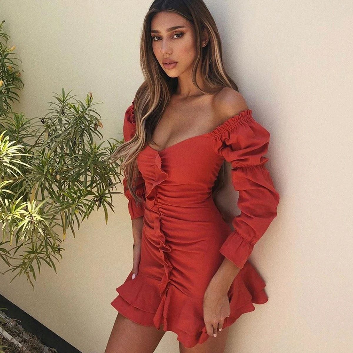Красный Slaygirl, белое сексуальное платье с оборками, женское, без бретелек, с открытыми плечами, Клубное, мини платье, элегантное,, вечерние платья, летняя мода, Vestidos - Цвет: Красный