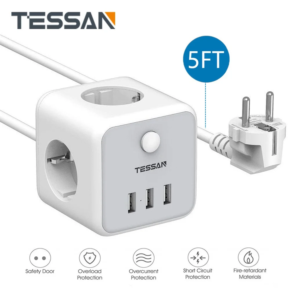 TESSAN-regleta de alimentación de viaje con 3 salidas de CA y 3 puertos de carga USB, enchufe europeo, interruptor de encendido/apagado, cable de extensión de 1,5 m/5 pies